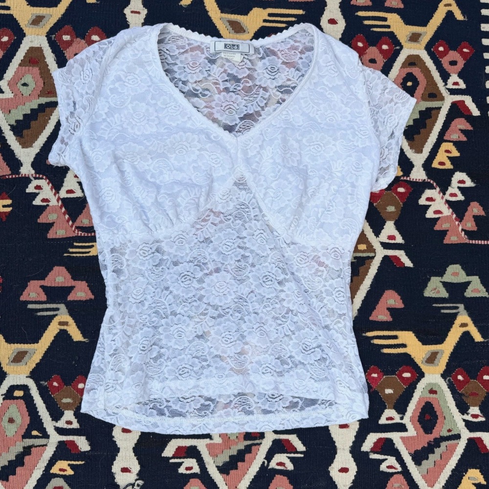 Vintage Y2k Obé White Lace Top Sheer Babydoll - Coquette Cottagecore Fairy XS/S